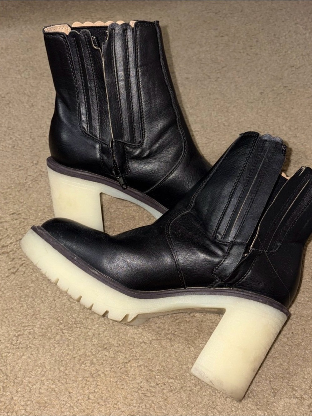 Women's Black Leather Ankle Boots with Cream Platform Heel